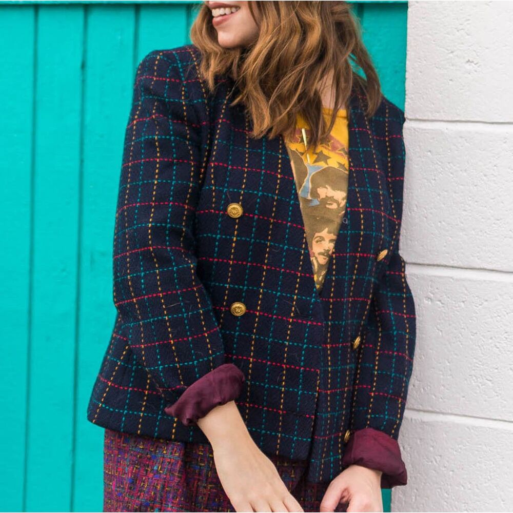 Vintage 1980s Jones New York Blazer Jacket Tweed Multicolor Size 6 Preppy Plaid